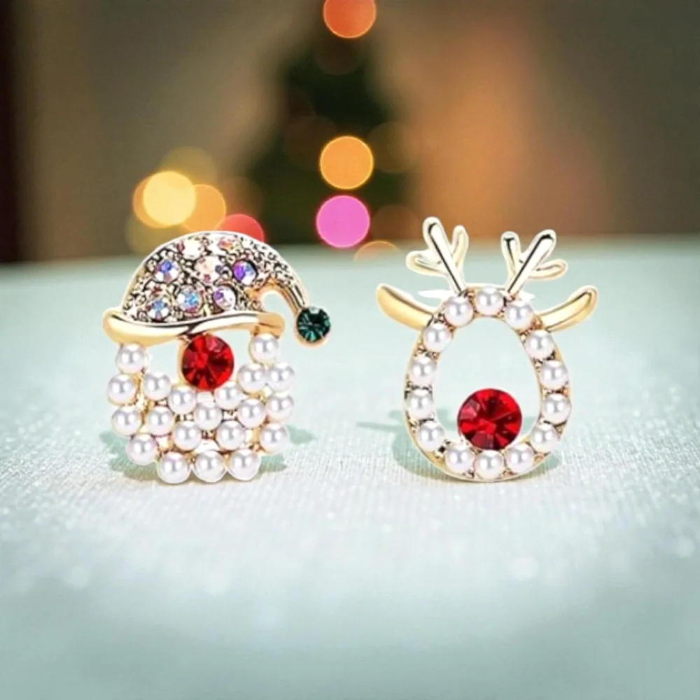 Festive Pearl and Red Crystal Christmas Earrings